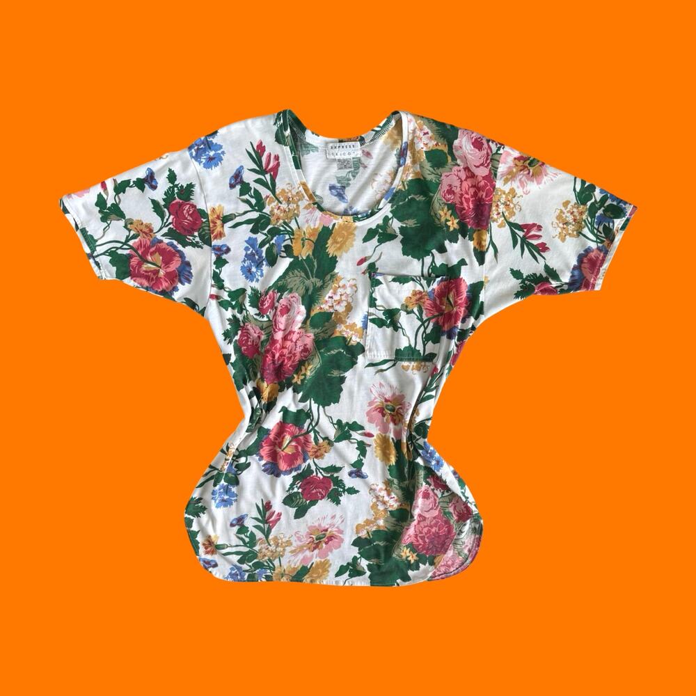 90's vintage floral grunge oversized t shirt tunic mini dress M express tricot